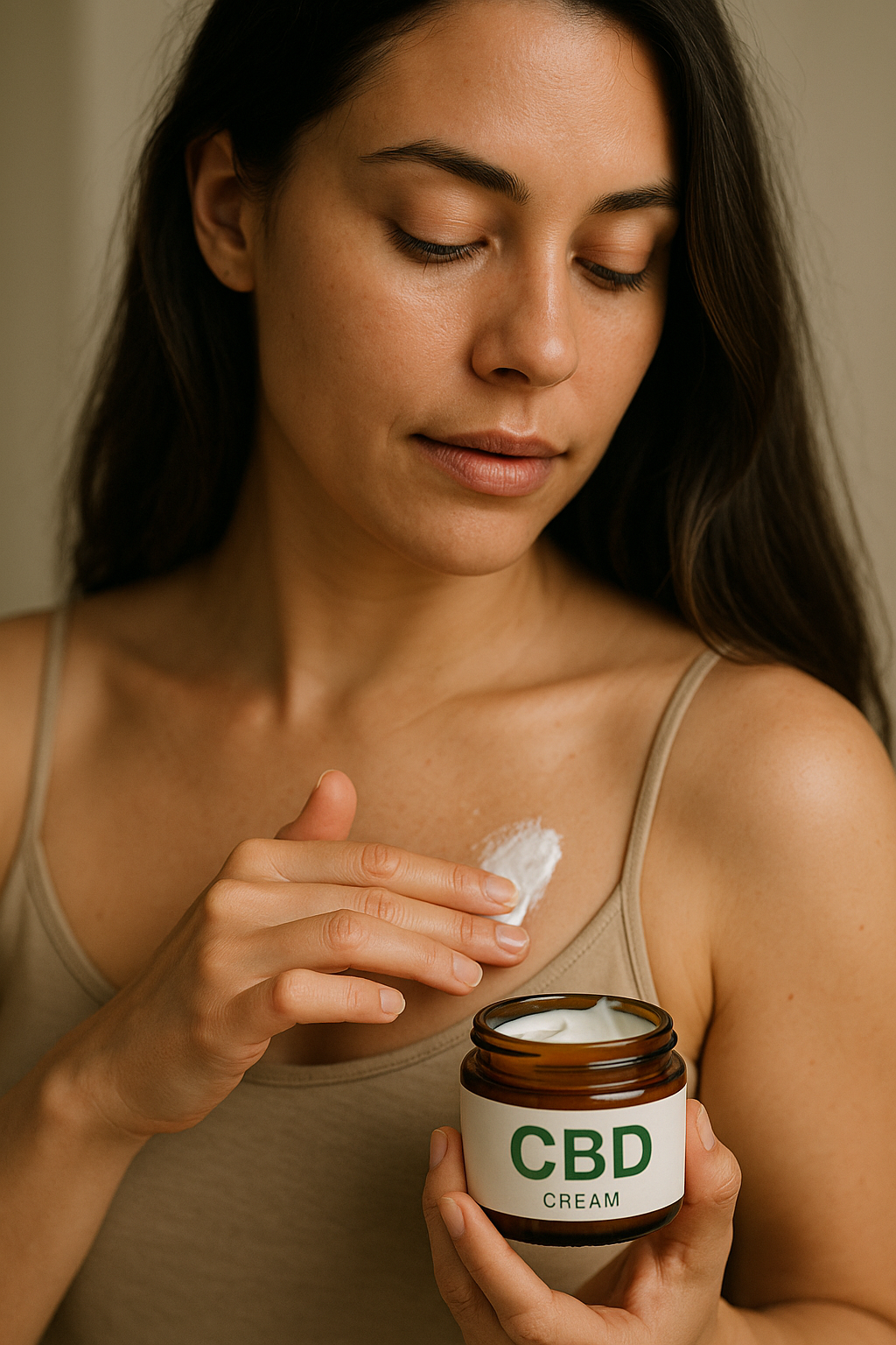 A young woman applying a CBD cream on her skin to achieve a radiant glow