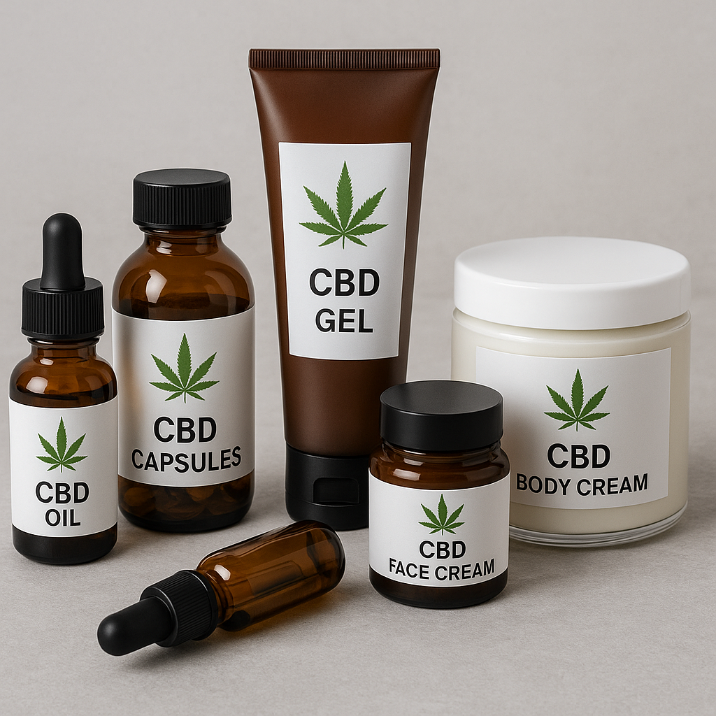 Various CBD skincare and wellness products, including oils, gel, capsules, face cream and body cream 