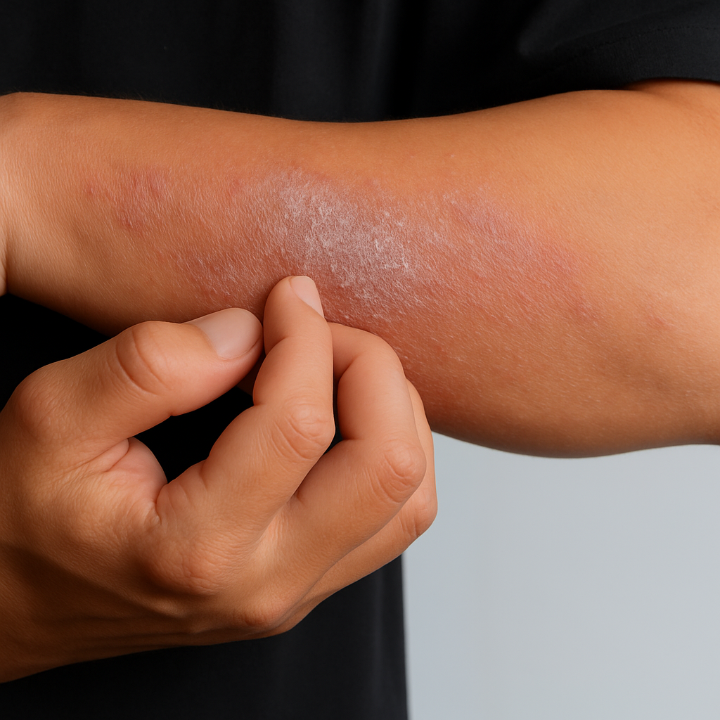 An image of a person scratching inflamed, scaly skin on the forearm - an atopic dermatitis skin