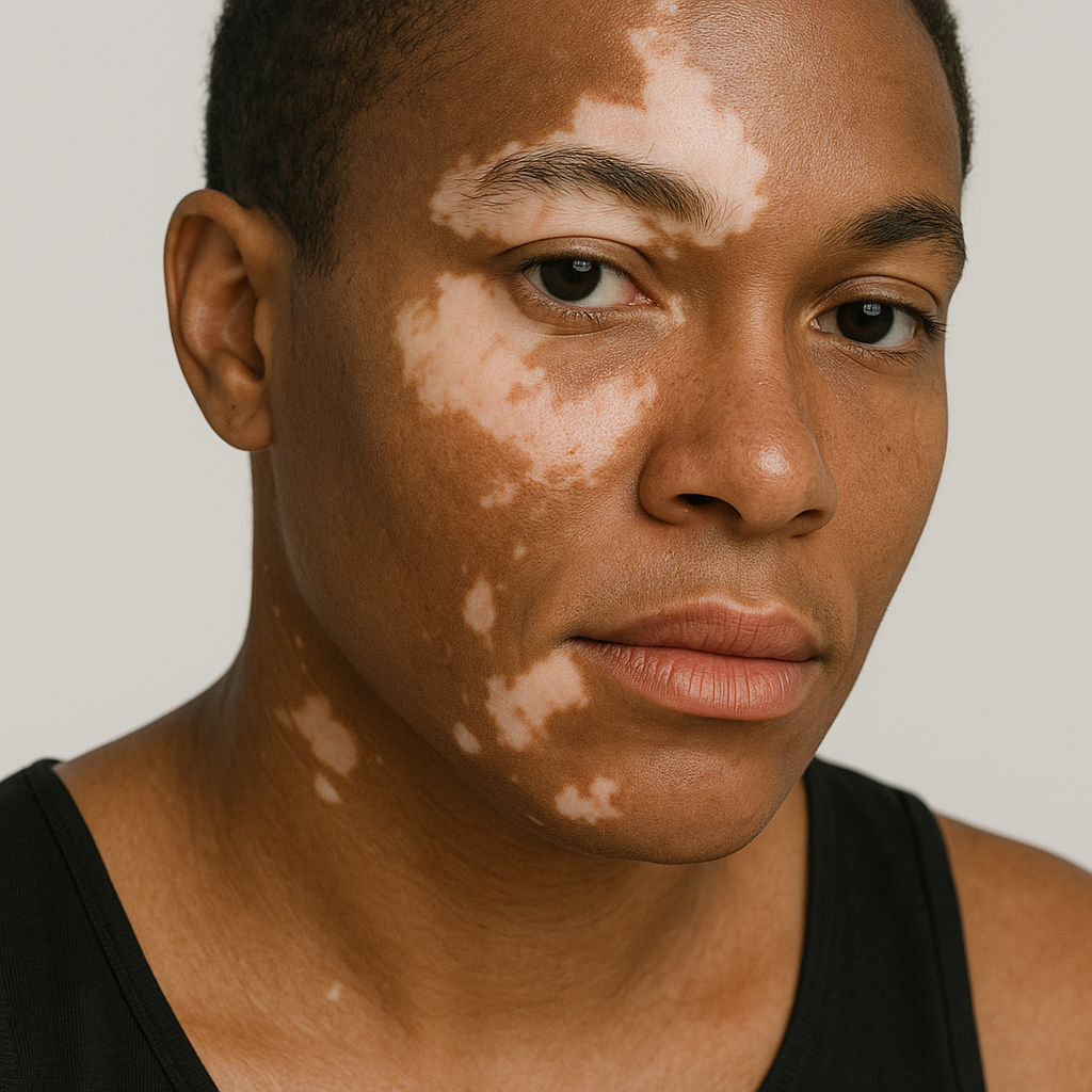 Close-up portrait of a person with vitiligo, showing distinct depigmented patches on the face and neck against a smooth, brown skin tone.