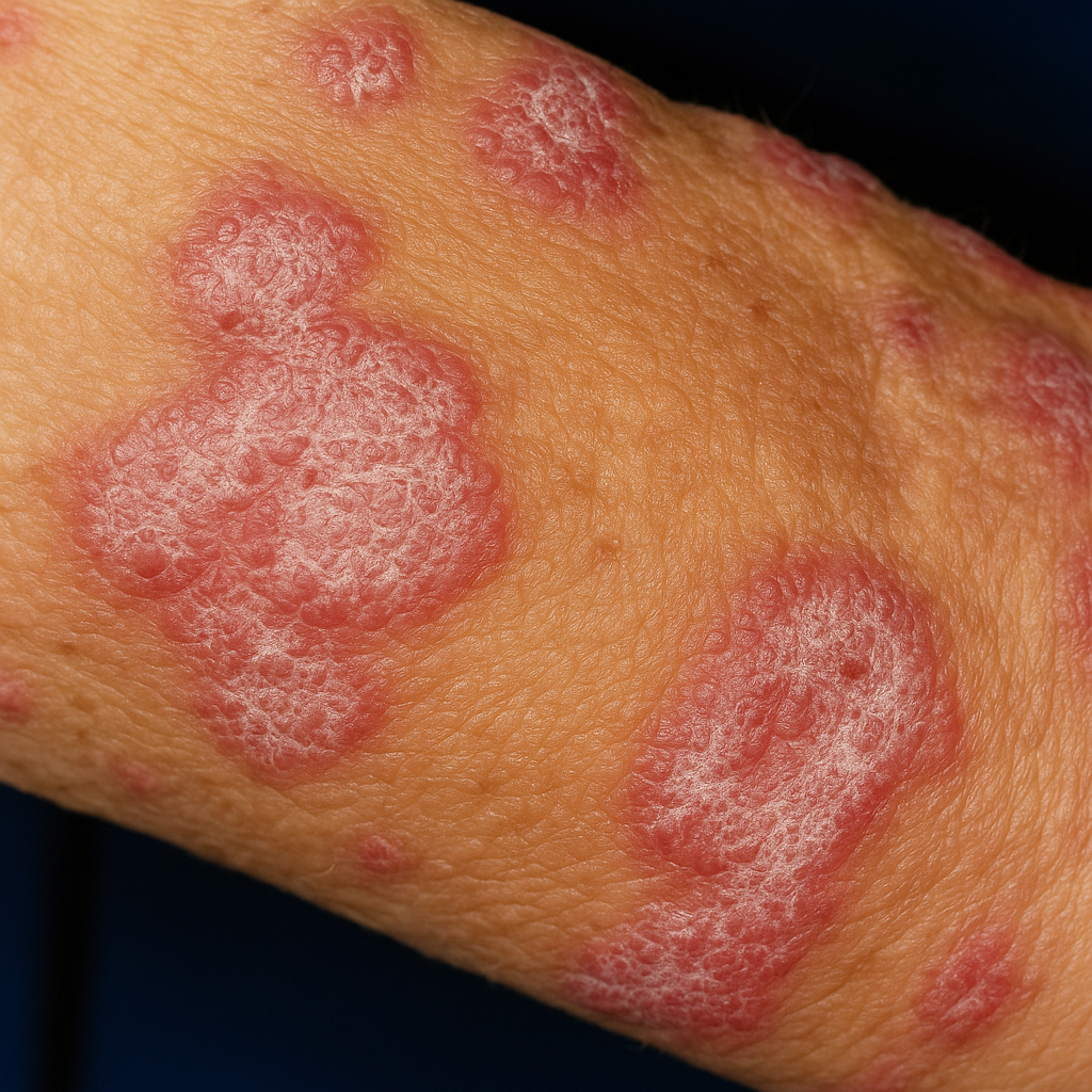 A close-up of red, scaly plaques on the skin of the hand caused by cutaneous lupus
