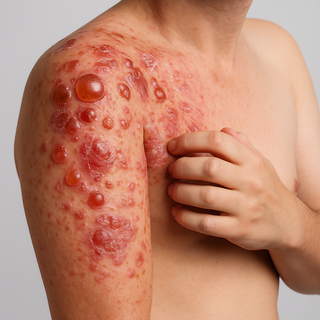 This image shows severe blistering rash on a person’s shoulder caused by pemphigus
