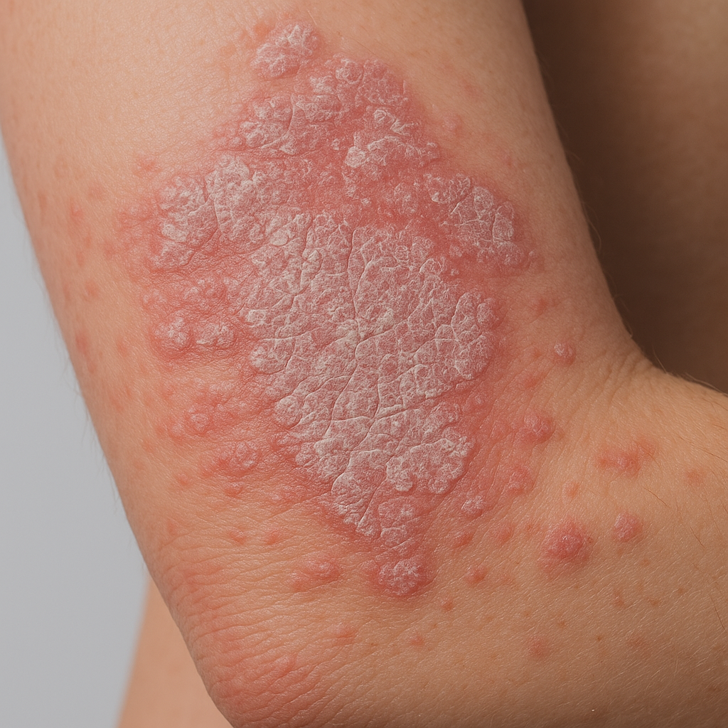 The image shows a close-up of psoriatic skin on the forearm and elbow, characterized by a large, red, inflamed patch covered with thick, silvery-white scales and surrounded by smaller red spots.